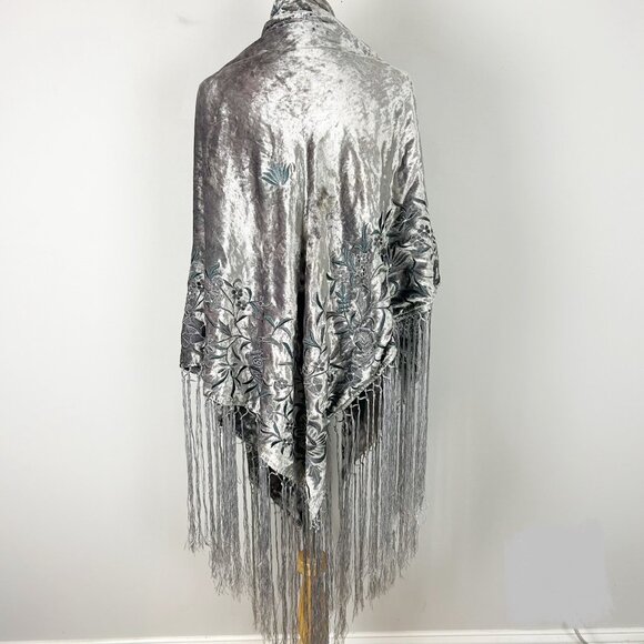 Adrienne Landau Gray Velvet Embroidered Fringe Wrap Shawl Women's - Picture 1 of 6